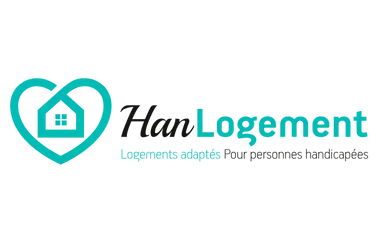 Logo de HanLogement, un cœur turquoise avec une maison à l'intérieur, et le texte « HanLogement Logements adaptés Pour personnes handicapées ».