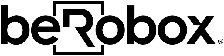 Logo de la marque beRobox, présentant un grand R stylisé en noir dans un carré blanc, avec le texte beRobox en dessous, le R de Robox étant également encadré.