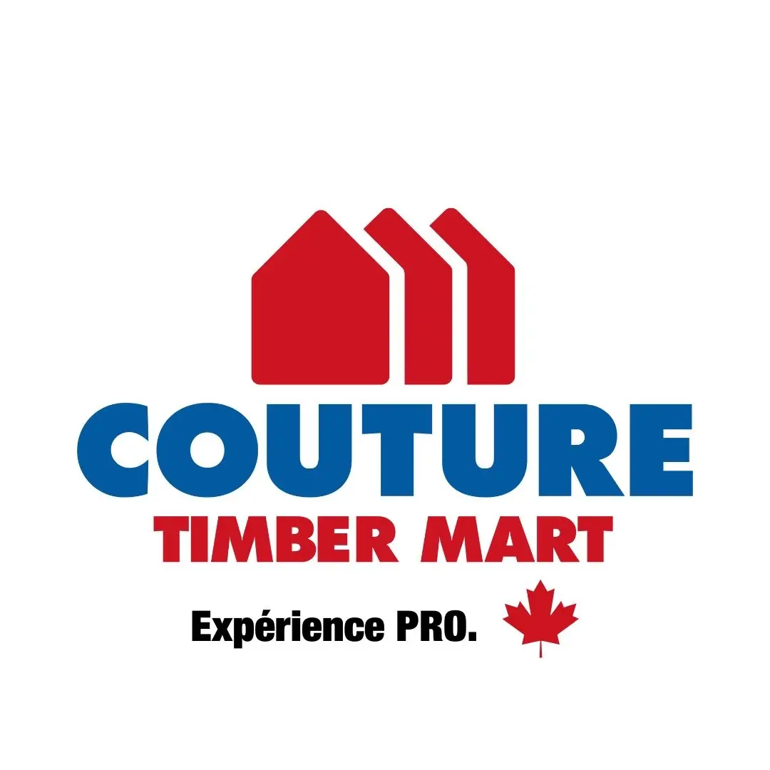 Logo de Couture Timber Mart, affichant trois toits rouges, le nom 'COUTURE' en bleu, 'TIMBER MART' en rouge, et la devise 'Expérience PRO.' avec une feuille d'érable canadienne.