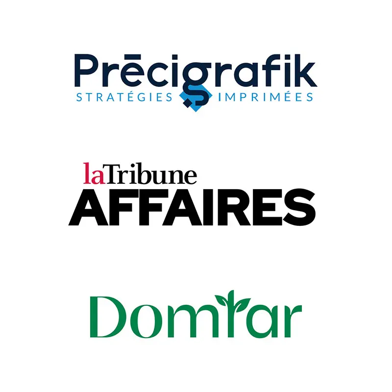 Logos de Précigrafik Stratégies Imprimées, La Tribune AFFAIRES et Domtar, membres ou partenaires de la Chambre de commerce et d'industrie de Sherbrooke, illustrant le dynamisme économique local.